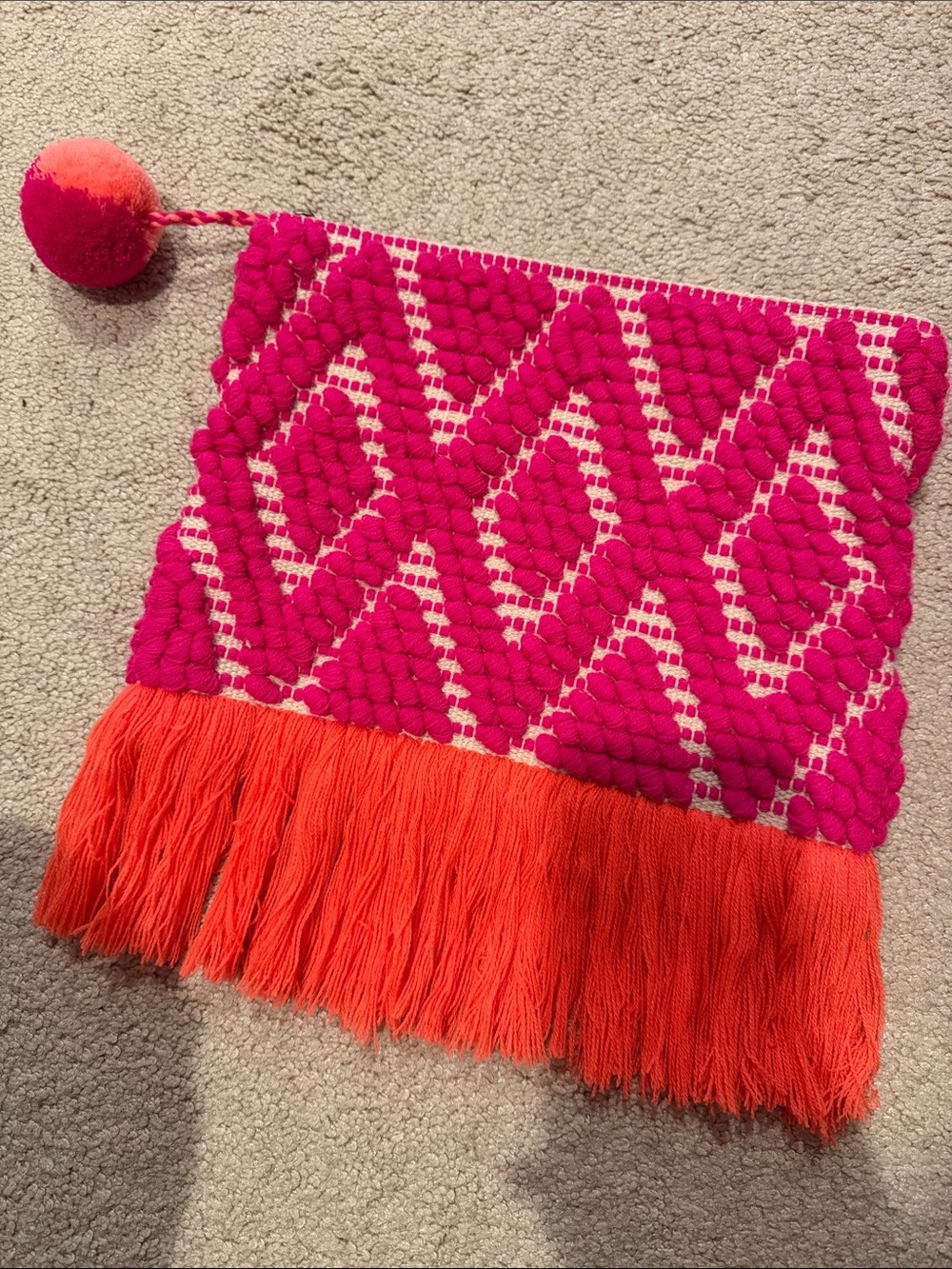 Mud pie Handwoven Pink & Orange Pom Fringe Clutch